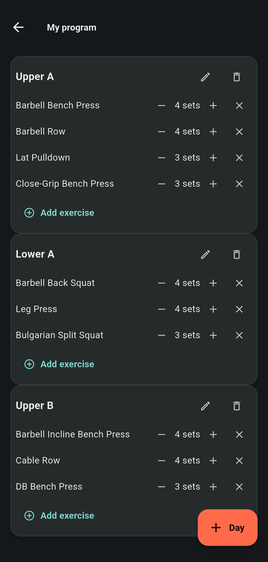 True North — your program: days like Upper A, Lower A and Upper B, each with its exercises and set counts